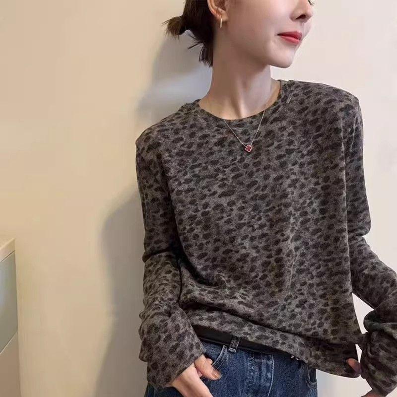 Retro Leopard Print Long Sleeve Slimming Top - Autumn 2025 Korean Style