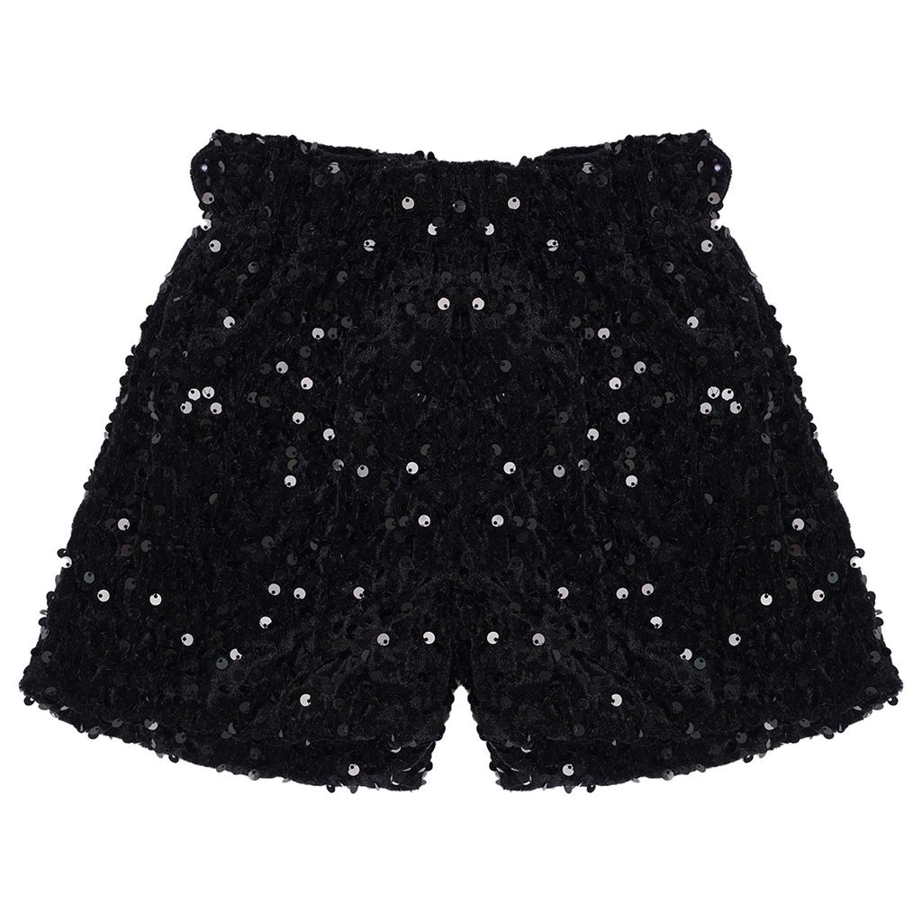 Kids Sparkling Velvet Shorts Elastic Waistband Sequins for Jazz Dance Stage Competition Wear