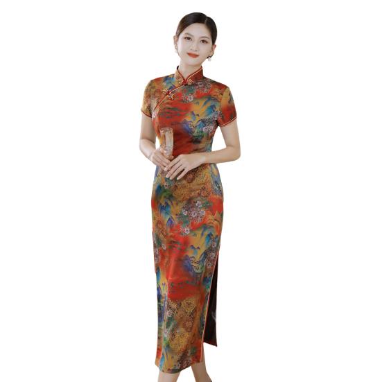 Elegant Qipao Smooth Slim Fit Hip Wrap Fabulous Vintage Floral Leaves Print Chinese Style Qipao for Party