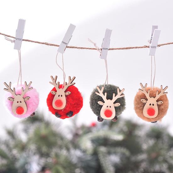 Pom Pom Reindeer Christmas Ornament Plush Elk Hanging Ornaments Wooden Deer Slices Xmas Tree Pendants for Home Party Holiday Decor