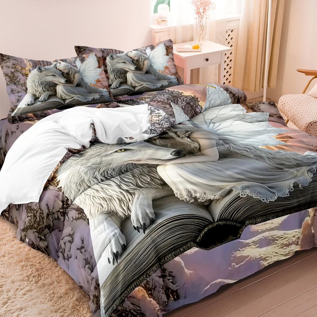 3Pcs Anime Wolf And Angel Theme Bedding Set 3D Digital Print Duvet Cover With Pillowcases Soft Breathable Polyester