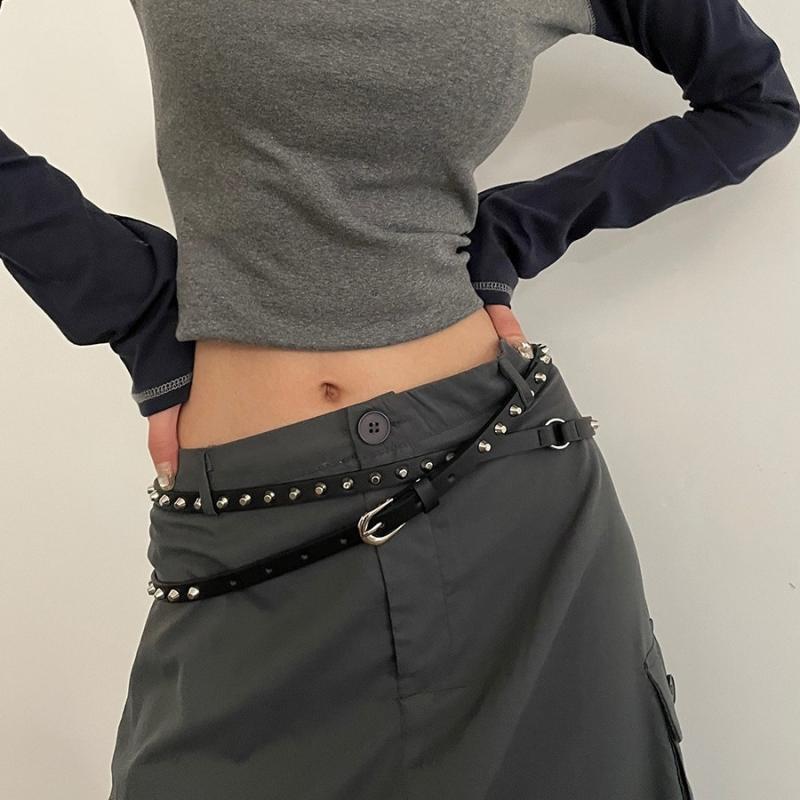 Punk Cowboy Style Double Circle Waist Belt Bucket Nail Extra Long Thin Waist Belt Casual Versatile Rivet Belt