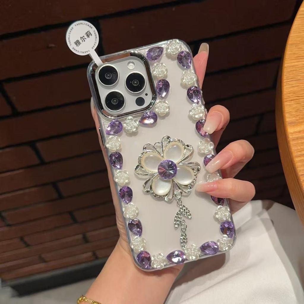 Applicable To OPPO FindX9 Four-leaf Clover Luxury Rhinestone Mobile Phone Case Three-dimensional Advanced Sense RENO14 Transparent Plating
