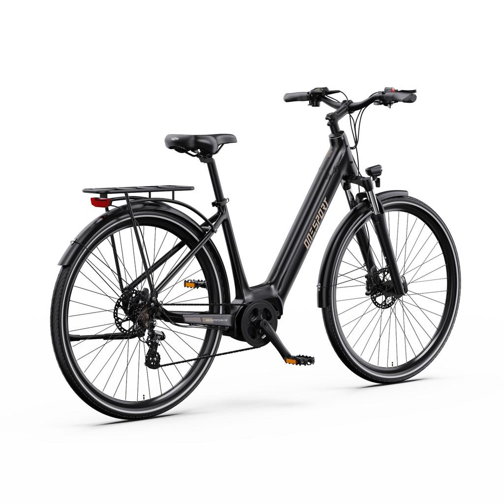 ONESPORT OT07 Matte Black Electric Bike, Bafang Mid-Drive 250W, 110KM Range, Torque Sensor, Hydraulic Brakes, Lightweight Commuter E-Bike