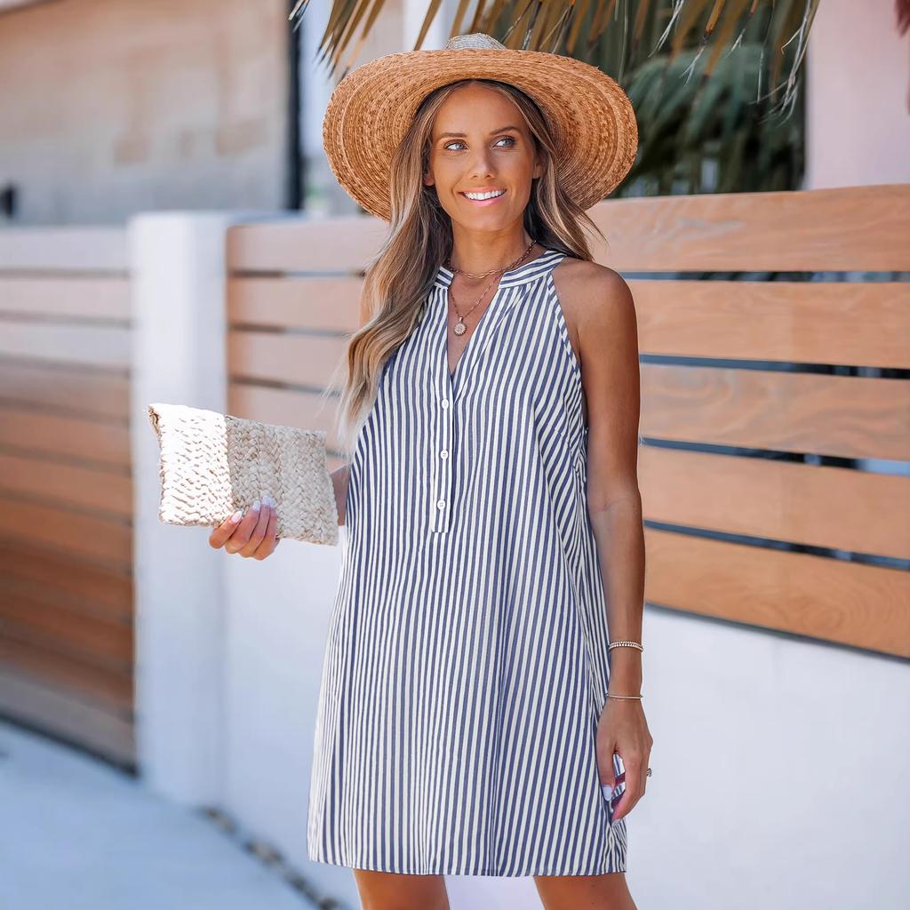European and American fashion skirts, fresh stripes, contrasting colors, loose waist and thin V-neck button sleeveless dress