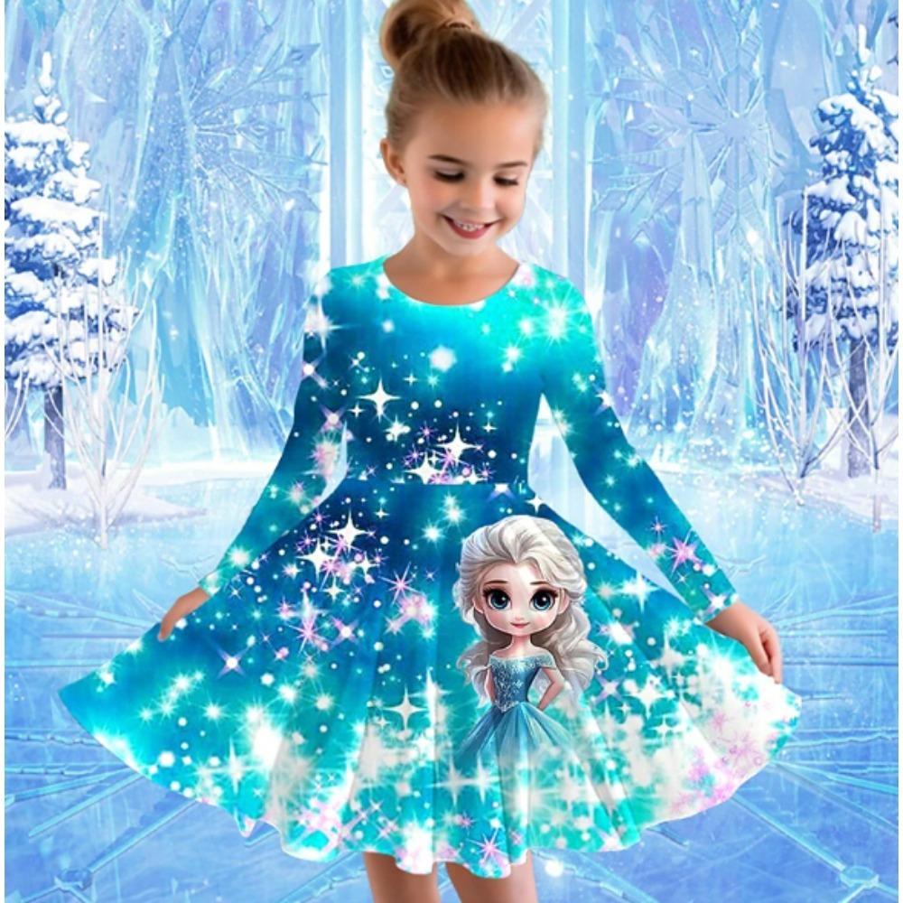 Girl Casual 3D Print Round Neck Long Sleeve Dress Kid Princess Dress