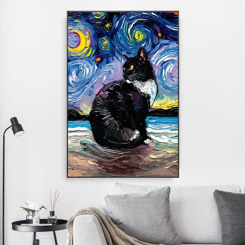 Poster Astratto Gatto Notte Stellata Van Gogh Stampa su Tela Pittura Animale Carino Arte da Parete Per Soggiorno Decorazione Casa Quadri