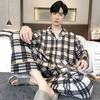Spring Cotton Plaid Pajama Set for Men Long Sleeve Cardigan Trousers Homewear Loungewear Homme