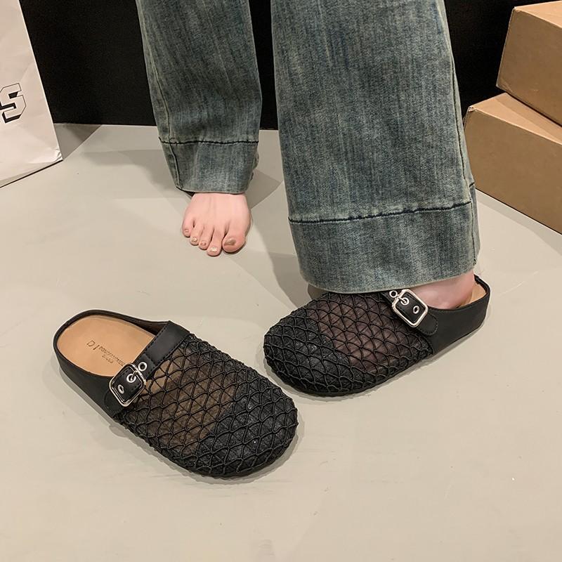 Flat-bottomed bag head half slippers women's summer 2025 new outer wear woven mesh breathable one pedal lazy half slippers