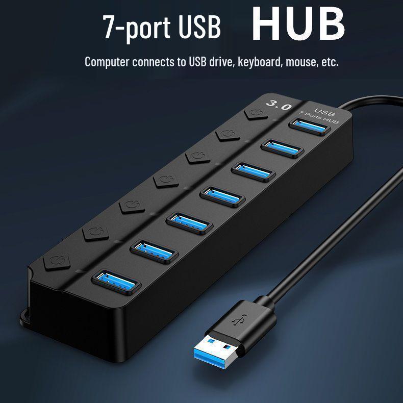 USB 3.0 Seven-Port Hub with Independent Switches and Power Supply for Desktop Computers