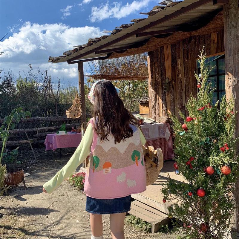 Autumn Winter Jacquard Knit Cardigan Vest Women Oversized Sleeveless Sweater Coat