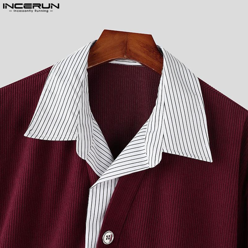 INCERUN Cămăși de Primăvară pentru Bărbați cu Guler Rever, Mânecă Lungă, Patchwork în Dungi, Nasturi, Topuri din Catifea Cord
