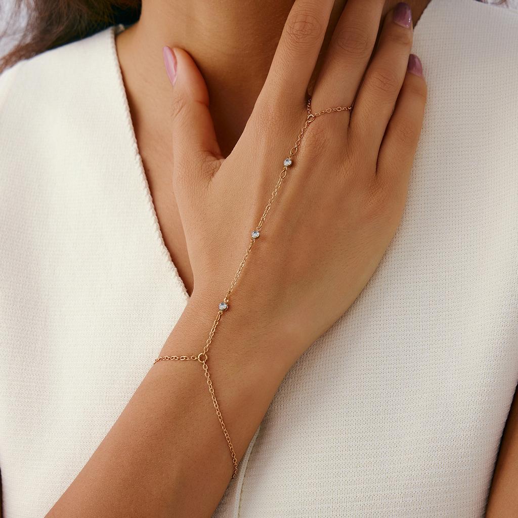 Simple Diamond-Encrusted Thin Chain Stacked Finger Bracelet, Cold Wind Metal Snake Bone Chain, Back Chain.