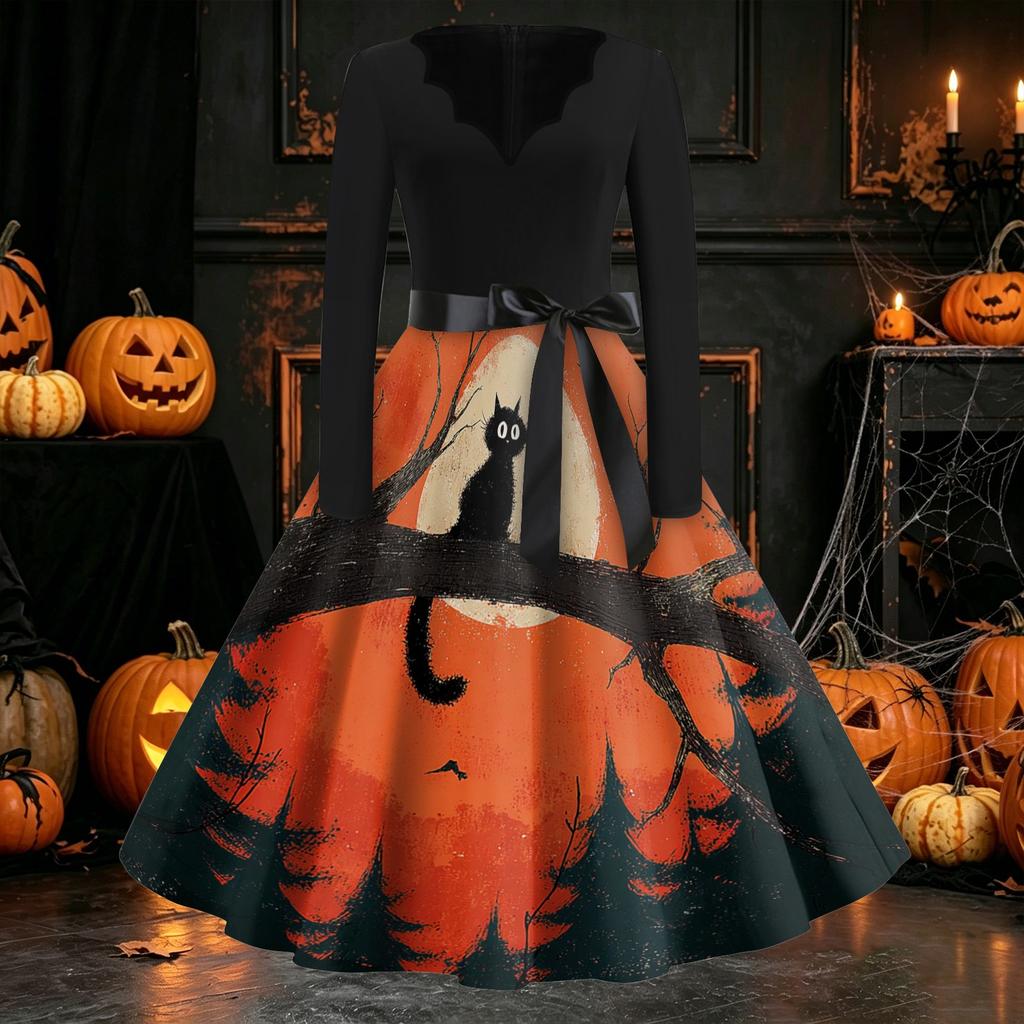 Women Casual Long Sleeve V Neck Vintage Dress Halloween Print Retro Style A Line Midi Dress with Waist Tie Belt