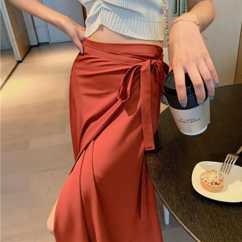 Summer Design One Piece Skitts Women High Waist Elegant Lace Up Chiffon Skirt Solid Color Thin Mid Length A-line Fallas