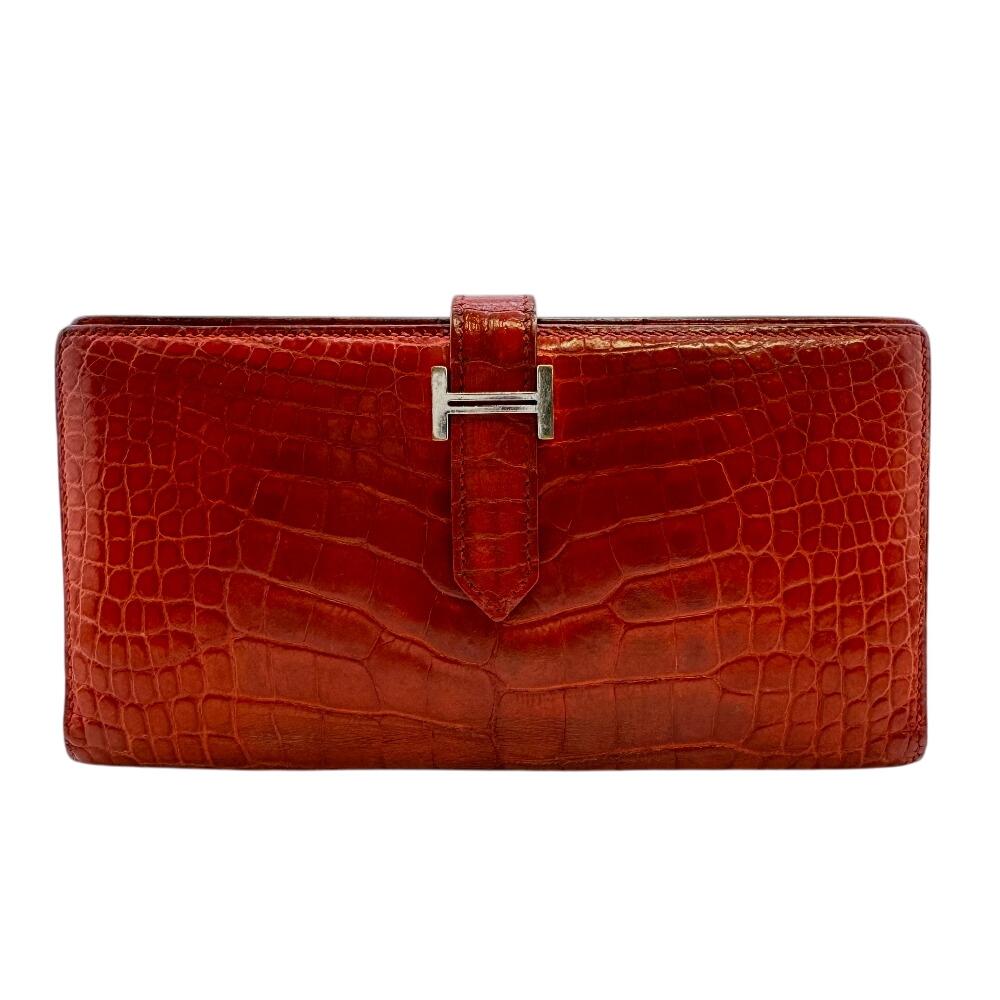 

HERMES Bifold Wallet alligator Bane Souffle Purse Red alligator unisex Used