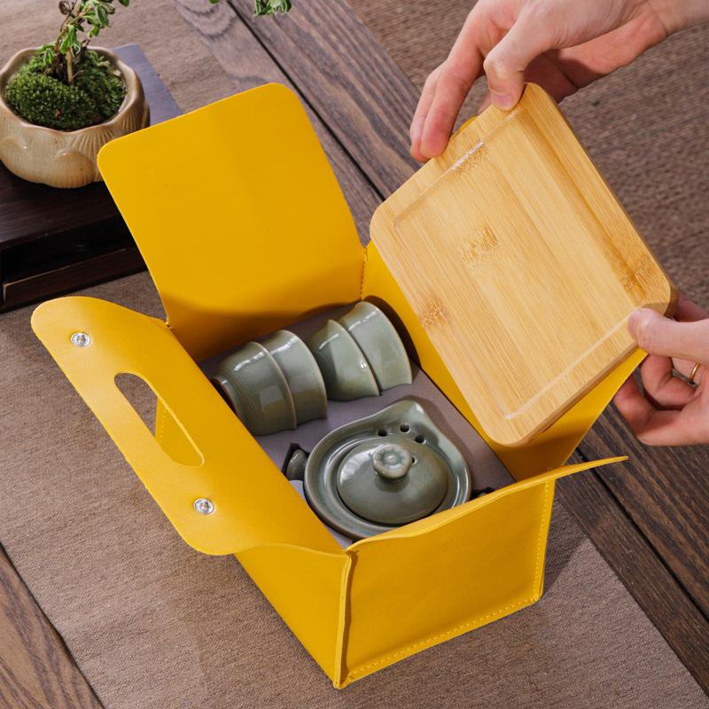 Ceramic Travel Tea Set, Kuaike, One Pot of Four Cups with Dry Bubble Plate, Outdoor Portable Bag, Business Gift.