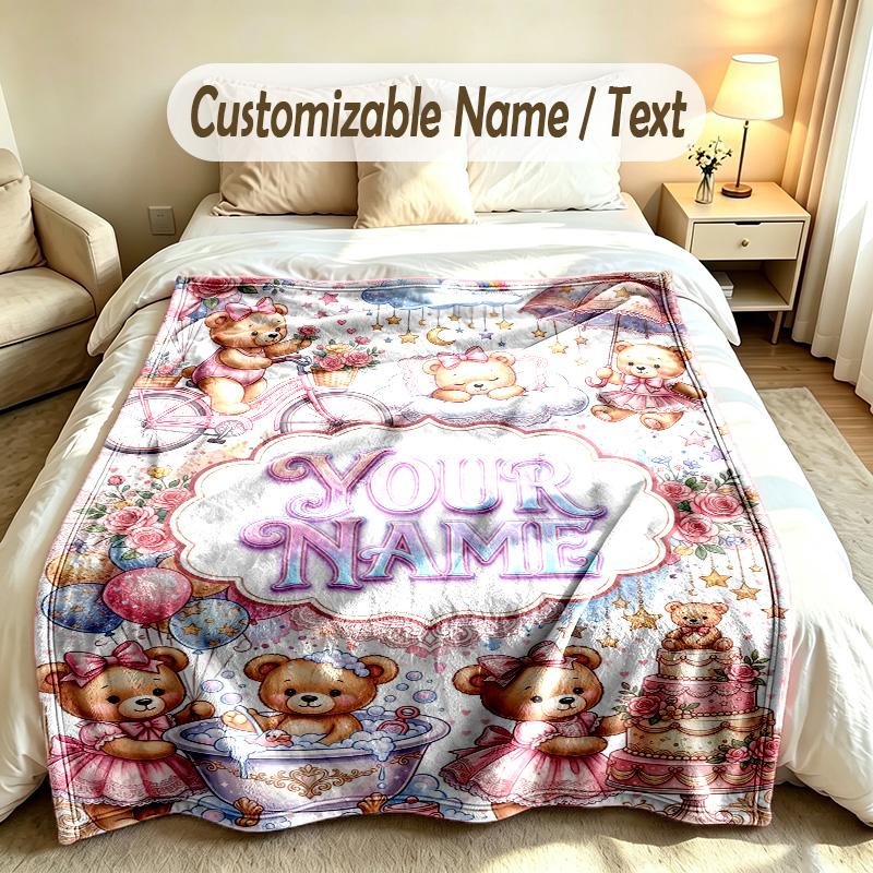 Teddy Bear Theme Custom Blanket Personalized Name & Text Customized Soft Warm Throw Blanket Home Decor