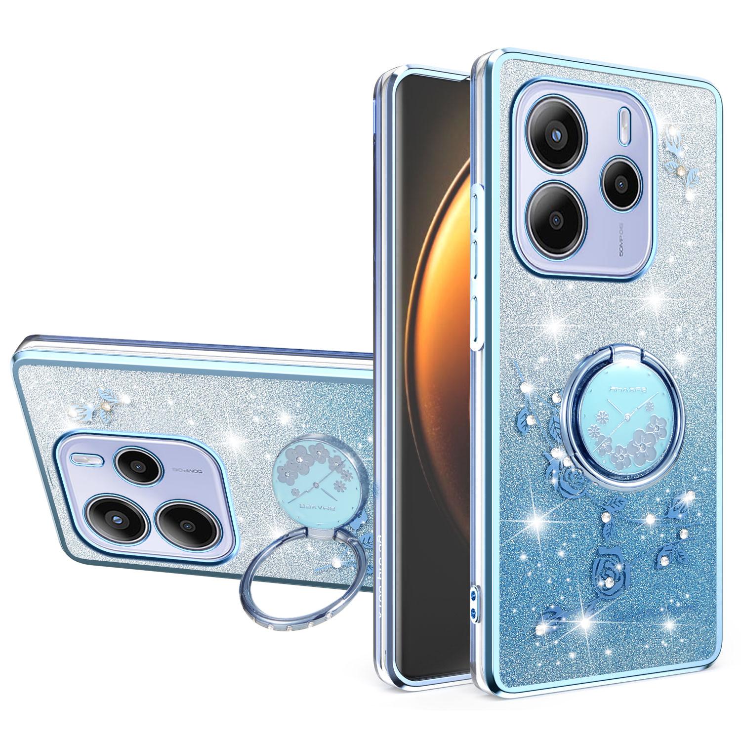 

KADEM Для Xiaomi Redmi Note 14 4G (164,84мм) Чехол Кольцо Подставка ТПУ Цветы Чехол для Телефона Градиент Блестки Blue