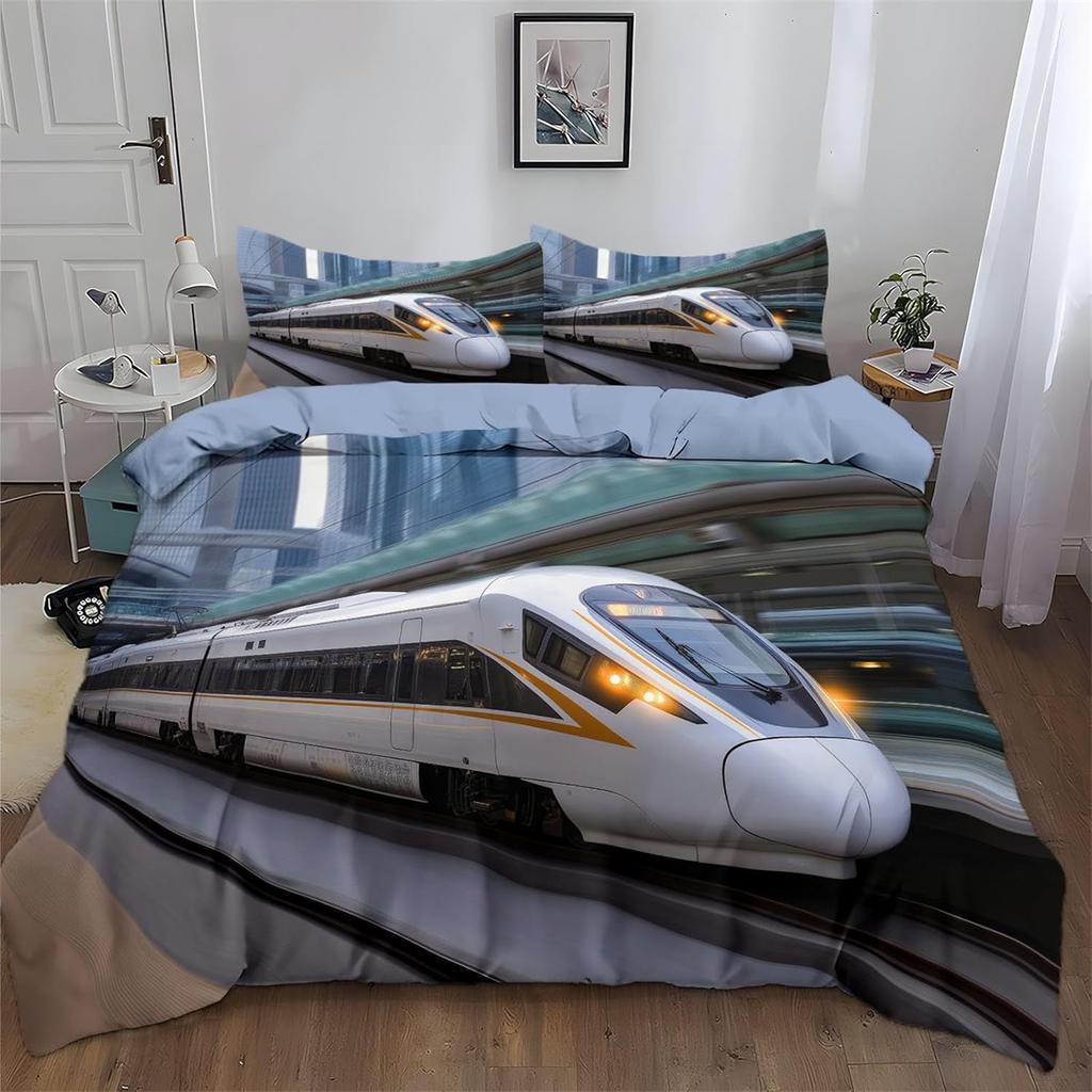 Train Kids Boys Duvet Cover Retro Steam Engine Bedding Set for Teens Railway Track Transport Comforter Quilt Cover Room 2Pcs