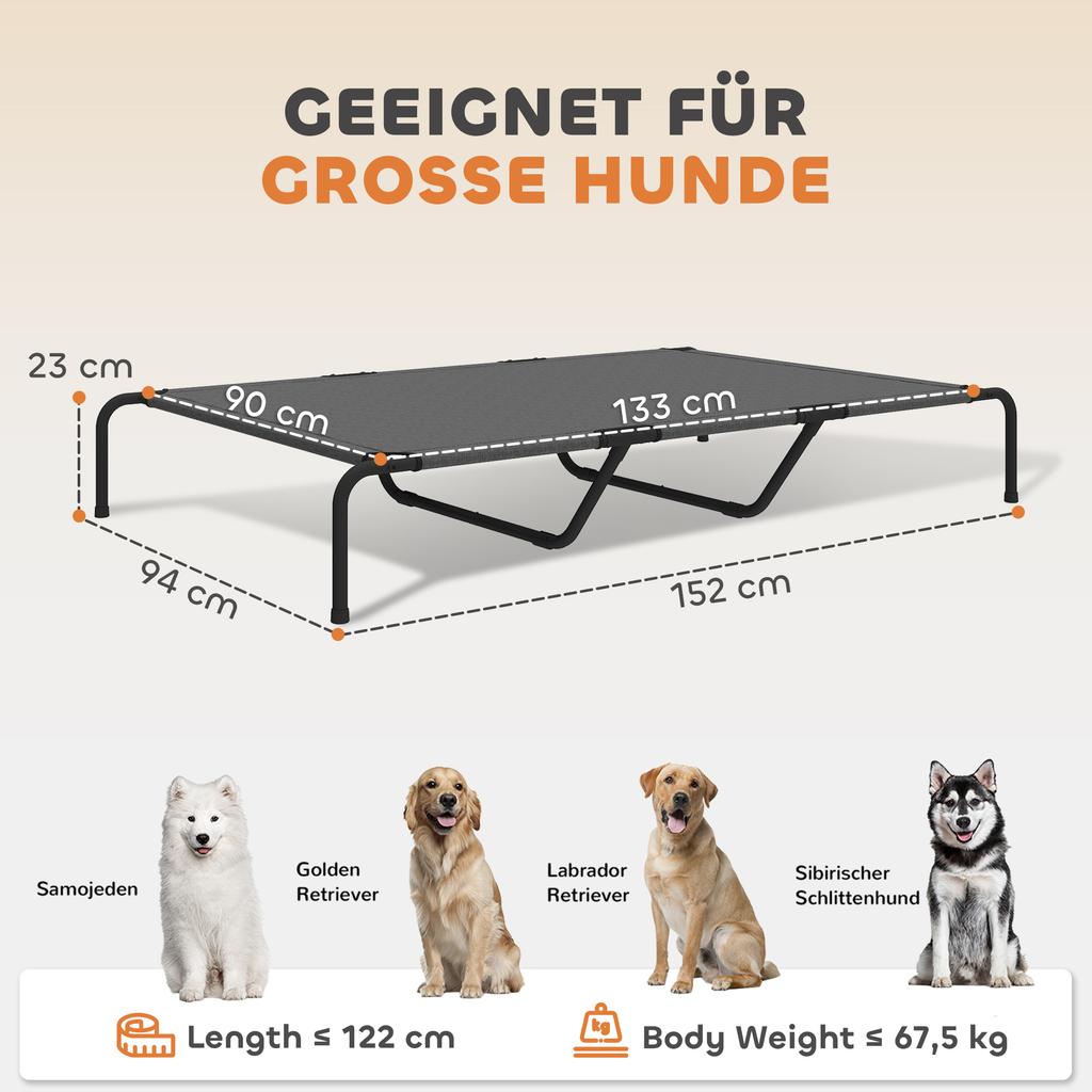 Outdoor Dog Bed, Elevated Dog Bed for Large Dogs, with Washable Mesh Steel Frame, 152 X 94 X 23 Cm, Grey