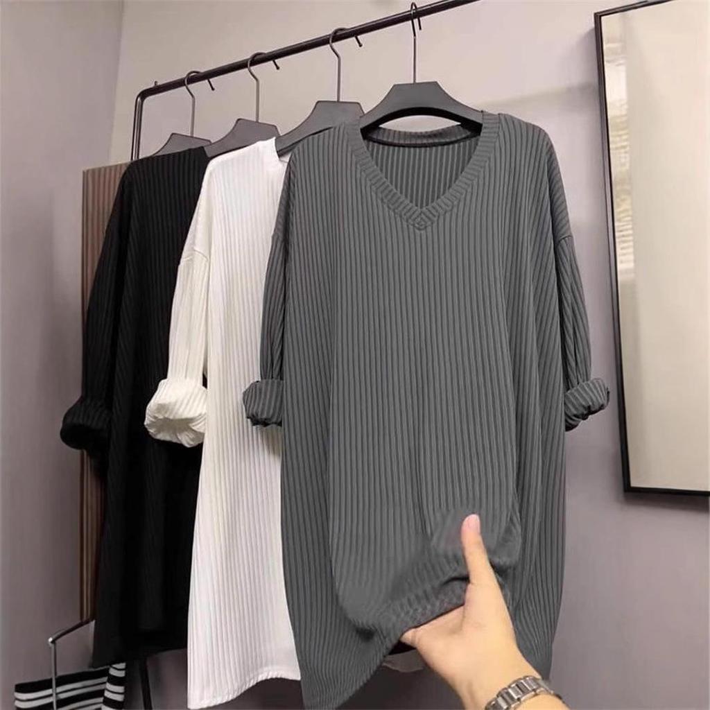 European V-Neck Long Sleeve T-Shirt for Women - Mid-Length Loose Fit for Spring, Autumn, Winter