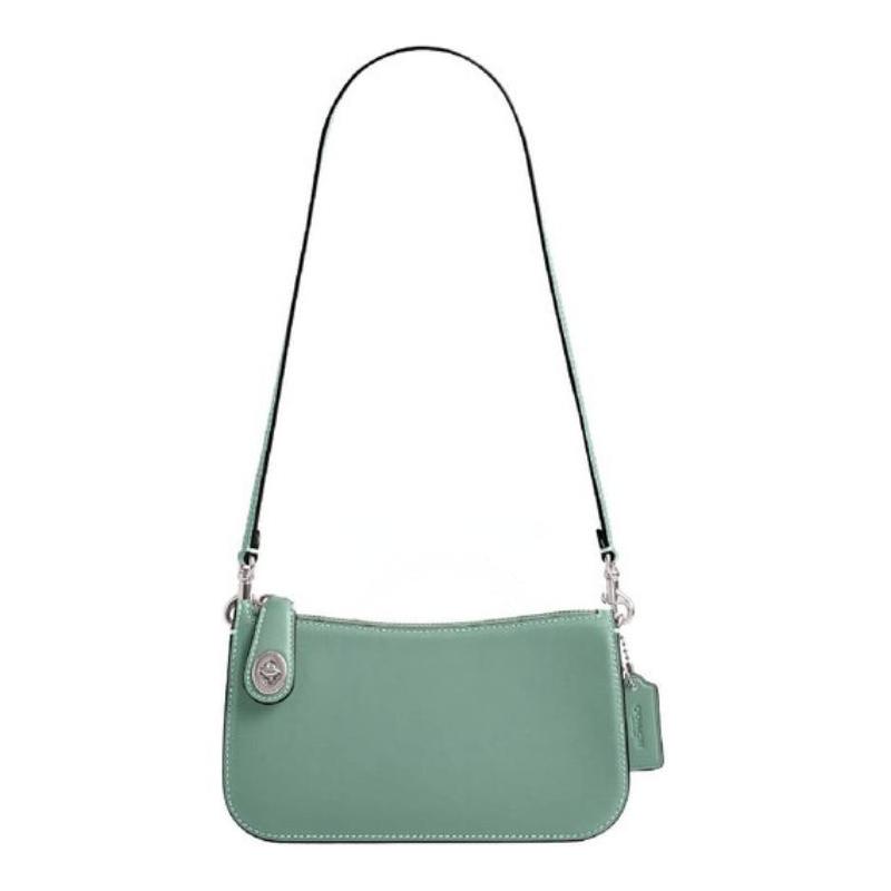 

COACH Penn 21 Silver Finish Detachable Shoulder Strap Turn-Lock Zip Closure Leather Shoulder Bag Small Women s Aquamarine синій