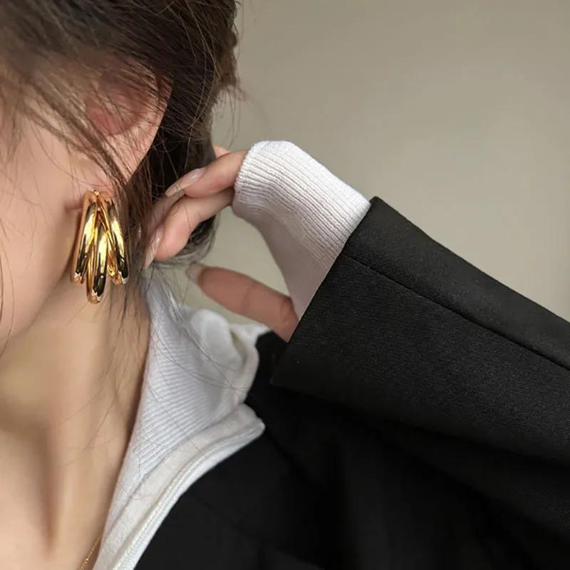 Korean Gold Color Hoop Earring for Woman Metal Elegant Vintage Geometric Statement Luxury Earrings Party 2023 New Zircon Gift