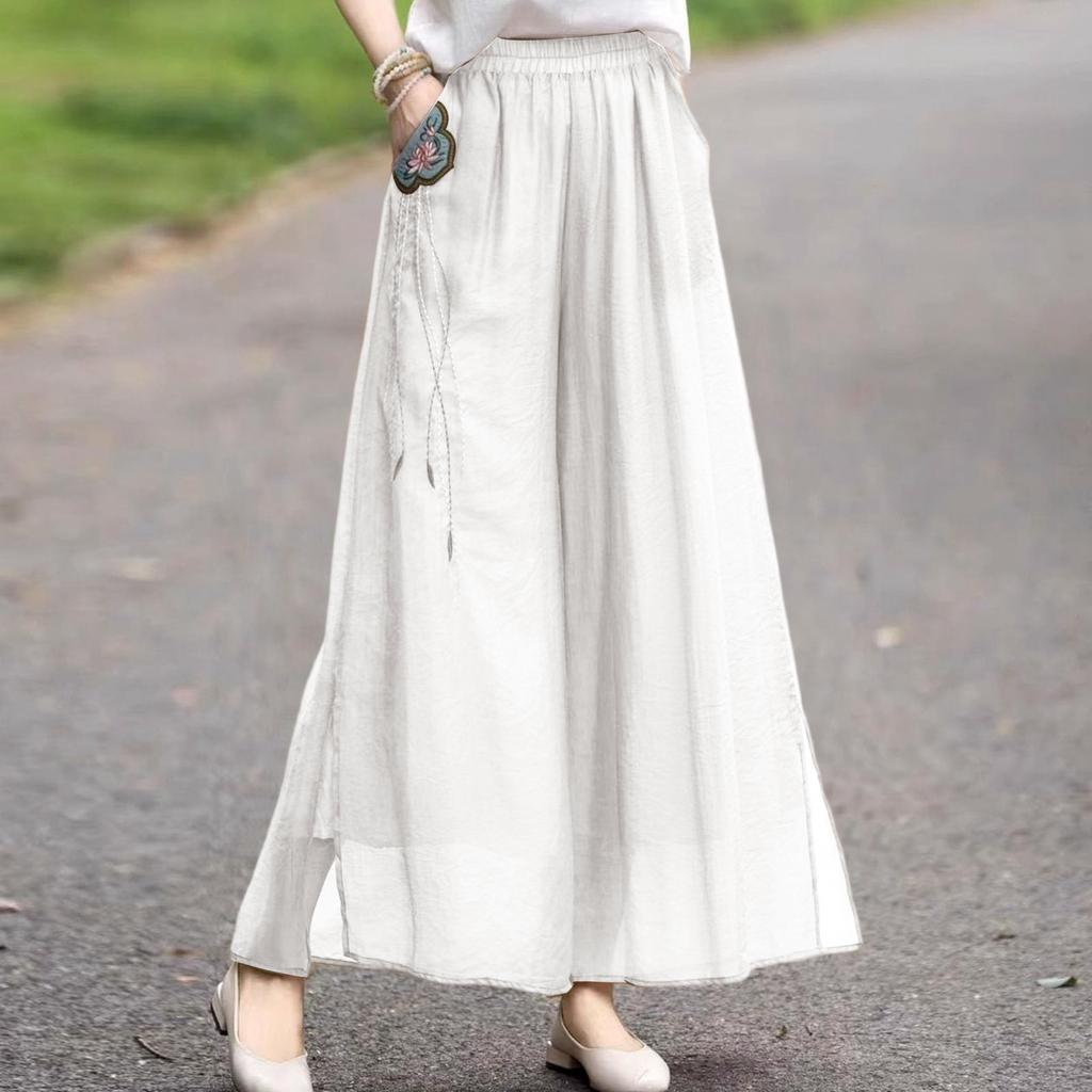 Damen Mode Doppellagige Weite Hosen Exquisite Bestickte Baumwolle Leinen Lässige Hosen