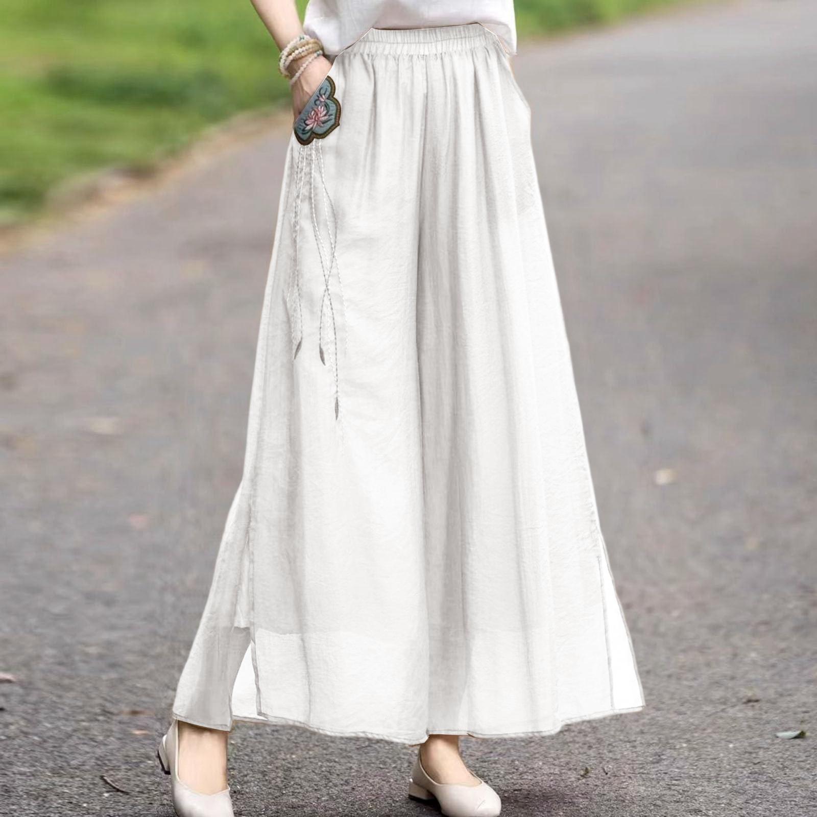 

Women s Fashion Double-Layer Wide-Leg Pants Exquisite Embroidered Cotton And Linen Casual Pants M белый