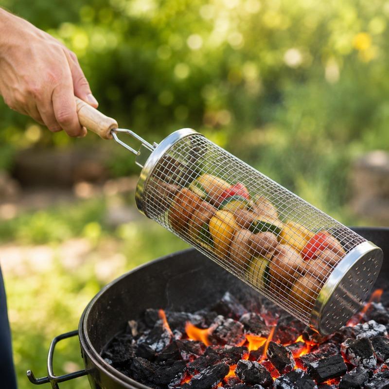 Round Barbecue Grill Basket Set Stainless Steel Rolling Steel Mesh Tube Barbecue Grill with Handle Essential for Outdoor Camping