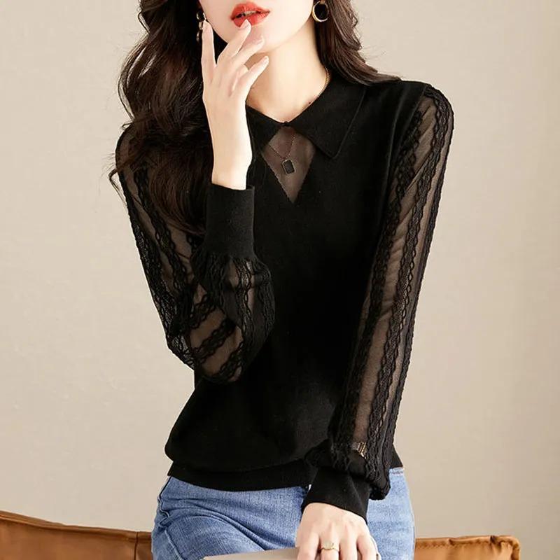 Lace Top Women's Western-style Long-sleeved Bottoming Shirt Spring and Autumn New Thin Hollow Doll Collar Mesh Sweater
