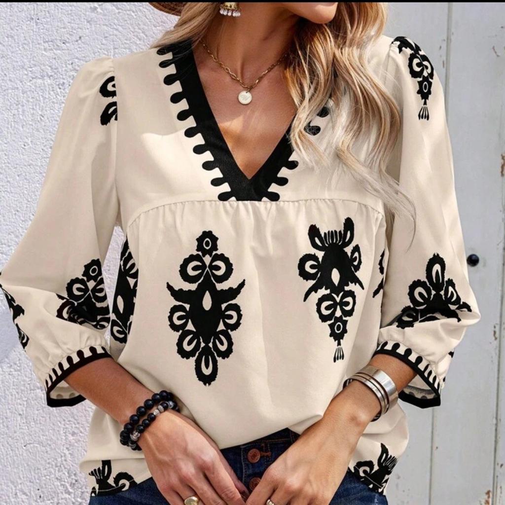 Women's Casual Loose And Fashionable V-Neck Printed Top, Fashionable Top Fashionable Top