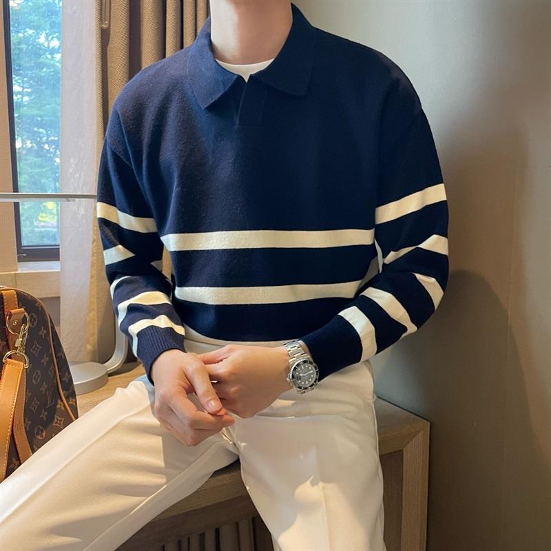 Striped Polo Collar Knitted Sweater For Men's Autumn And Winter Loose Casual Sweater Business Commuting Top