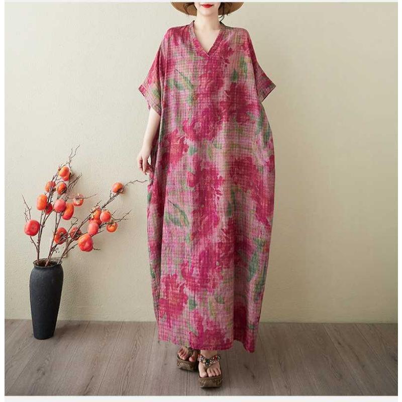 Women's Vintage Long Dress with Cotton and Linen Patterns