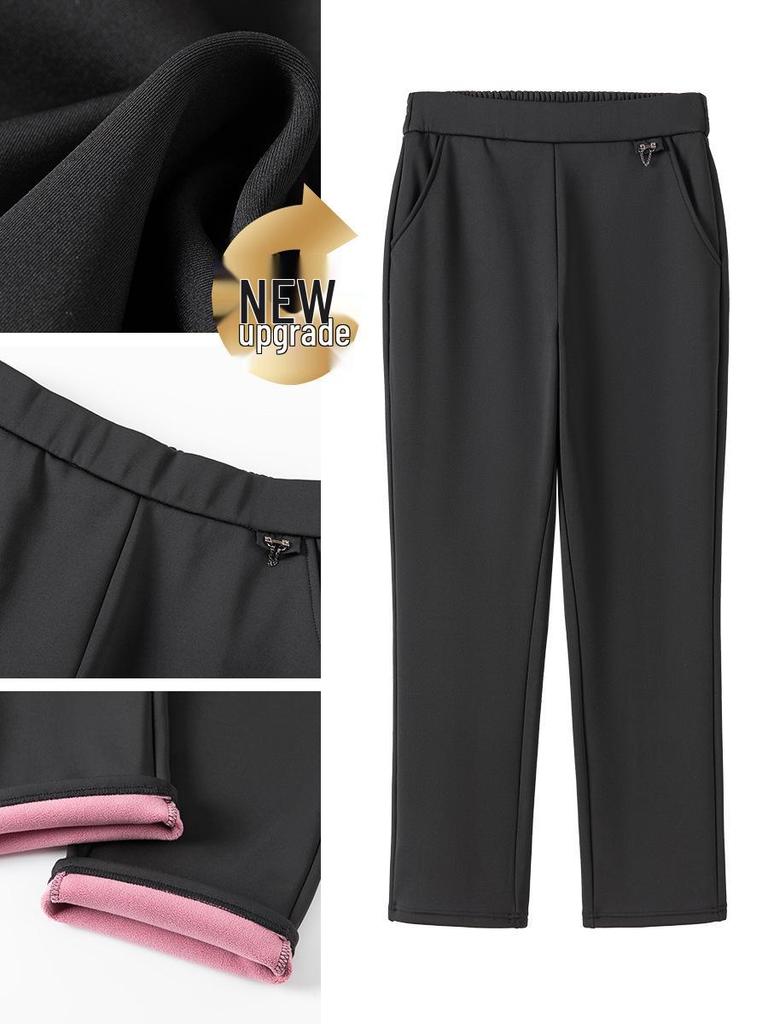 Plus Size Fleece-Lined Black High Waist Pants for Women - Stretchy, Casual, Perfect for Autumn and Winter. Ideal for Middle-Aged and Elderly Ladies.