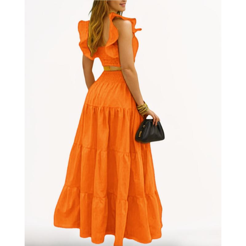 Women's 2 Piece Outfit Set Sexy Solid Color Ruffle Sleeve Crop Top High Waist Tiered Flowy Maxi Skirt Elegant Vacation Beach Wear Suit