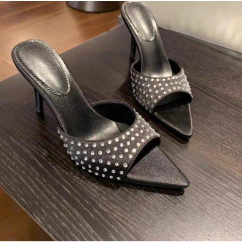 Fashion Fashionable Versatile High Heel Slippers Pointed Toe Rhinestone Decorated One-piece Strap Sandals Casual Elegant Ladies Shoes