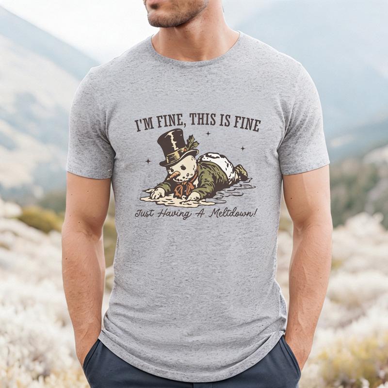 Fun Melting Snowman English Printed Men's T-Shirt Cross-Border Christmas Funny Crew Neck Short Sleeve Comfortable Casual T-Shirt