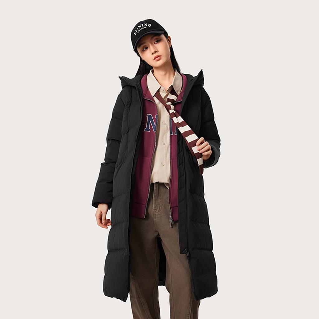 Li Ning Sports Trend Series Solid Color Cold Resistant Warm Outdoor Long Down Jacket Women Outerwear Black AYMU044-3