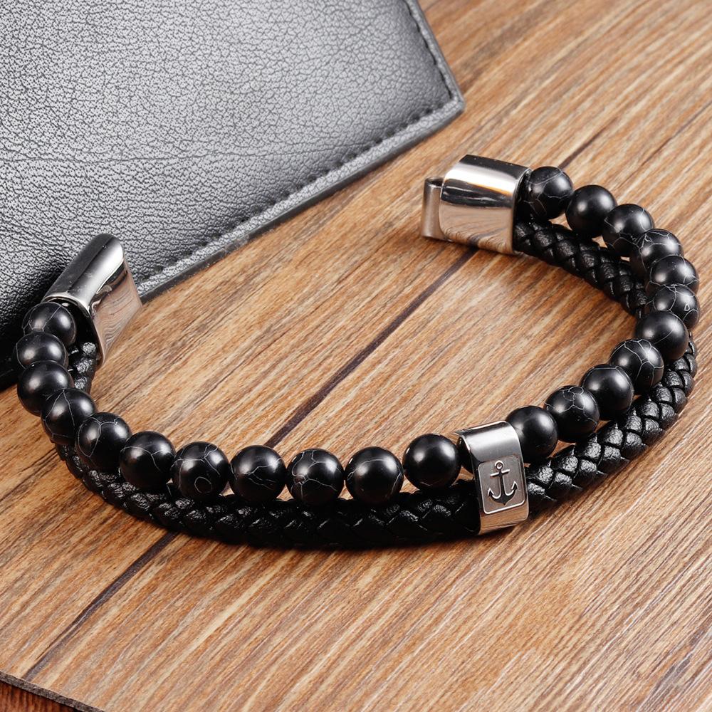 Anchor Black Leather Rope Cowhide Men's Natural Stone Leather Woven Bracelet Handmade Multilayer Leather Bracelet 2026