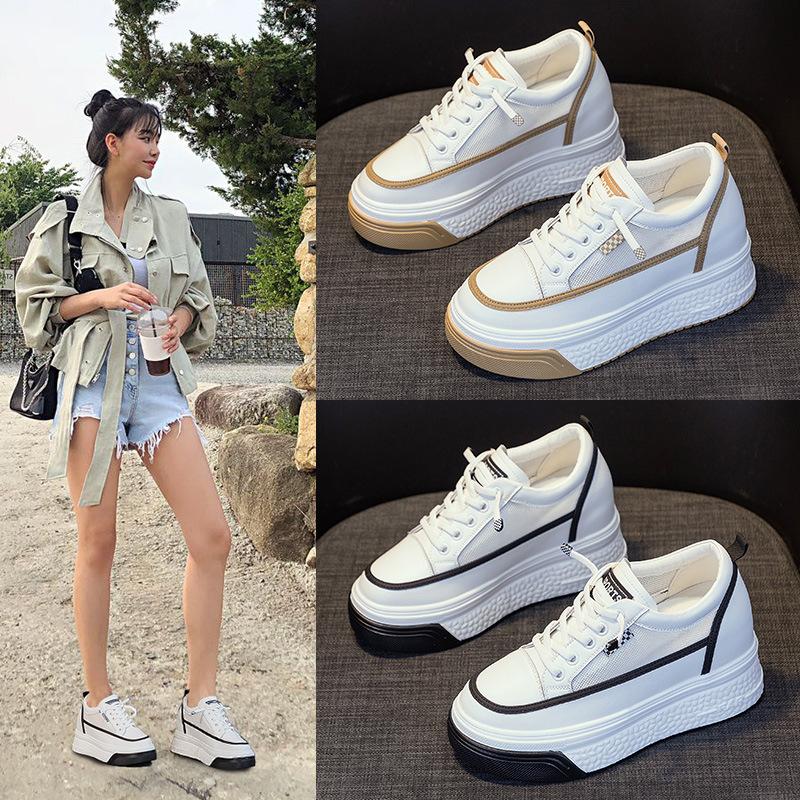 Leather little white shoes women's 2025 new mesh breathable thick baseplate shoes muffin sports shoes inner height increase casual women's shoes