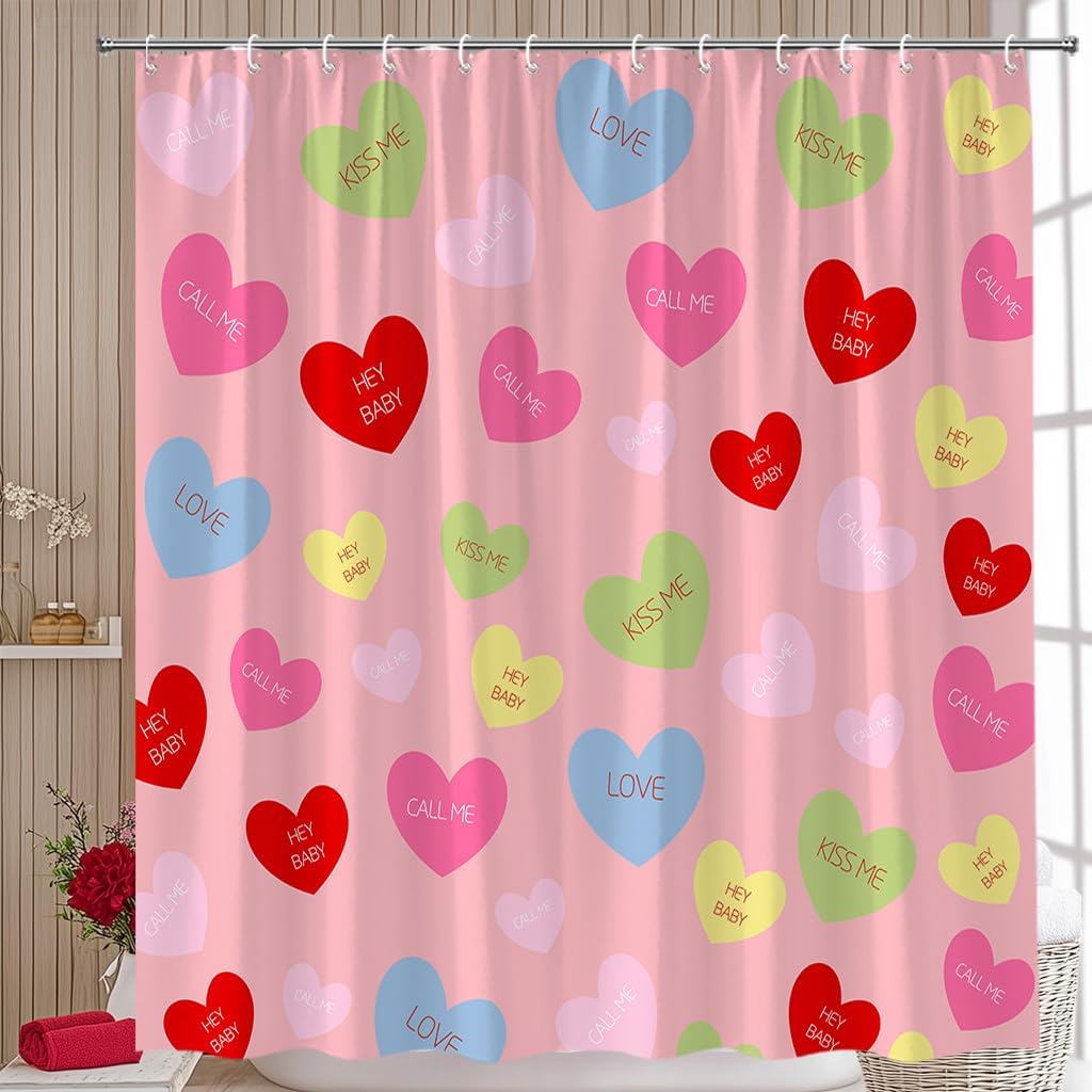 Valentines Shower Curtain Colorful Heart Love Sweet Romantic Couple Valentine's Theme Fabric Bathroom Curtain Set with Hooks