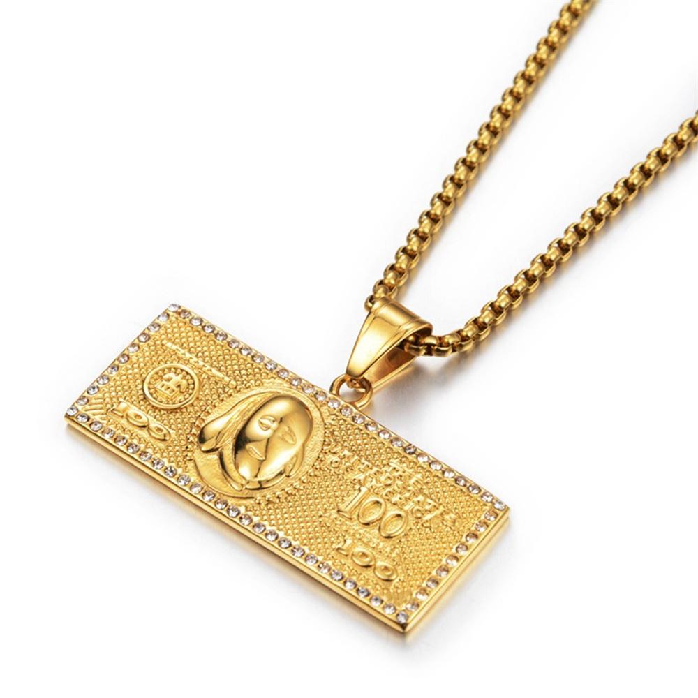 Hip Hop Iced Out Bling $100 Dollar Pendant Male Gold Color Stainless Steel Money Necklace For Men Fashion Hippie Jewelry Gift