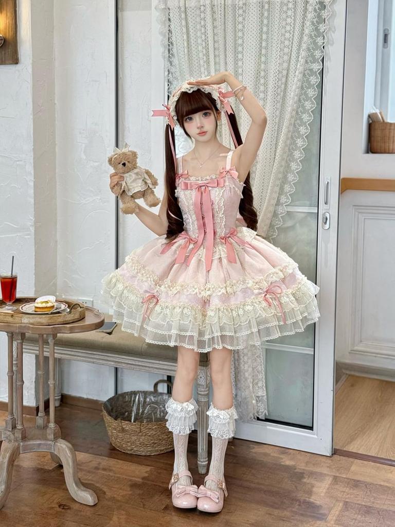 Dreamy Cute Lolita JSK Jumper Skirt with Ribbon and Fluffy Gothic Lolita Mori Girl Idol Dress Size M [XHSUKADO] Lace, Women's One-Piece Dress, Dress,