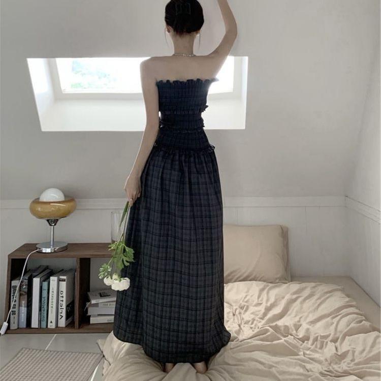 Plaid Strapless Dresses Women Side-slit Midi Summer All-match Korean Style Fairycore A-line Daily Long Dress