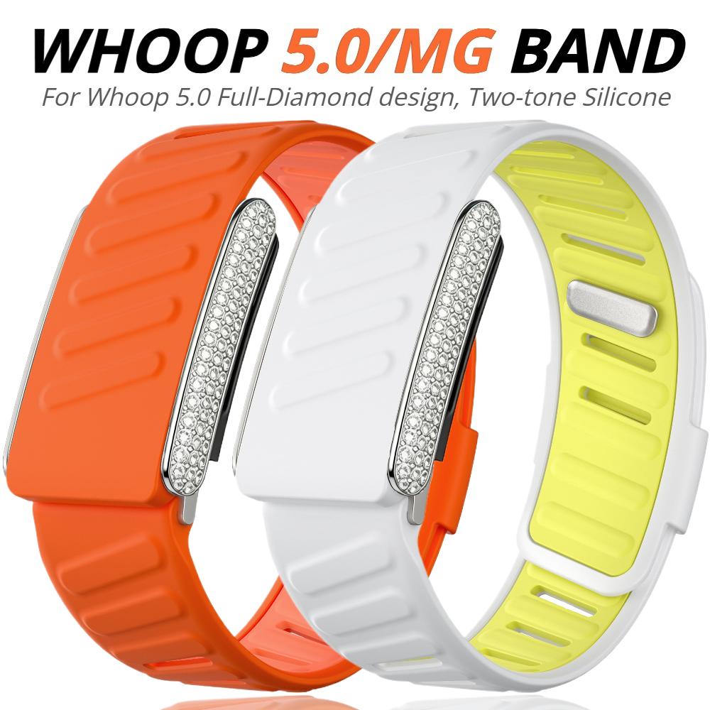 Diamonds Watch Strap For WHOOP 5.0 One+Peak Silicone Strap Casual Wristband with Full-Diamond Bright Silver Metal U-Frame for WHOOP 5.0 ECG-MG Band