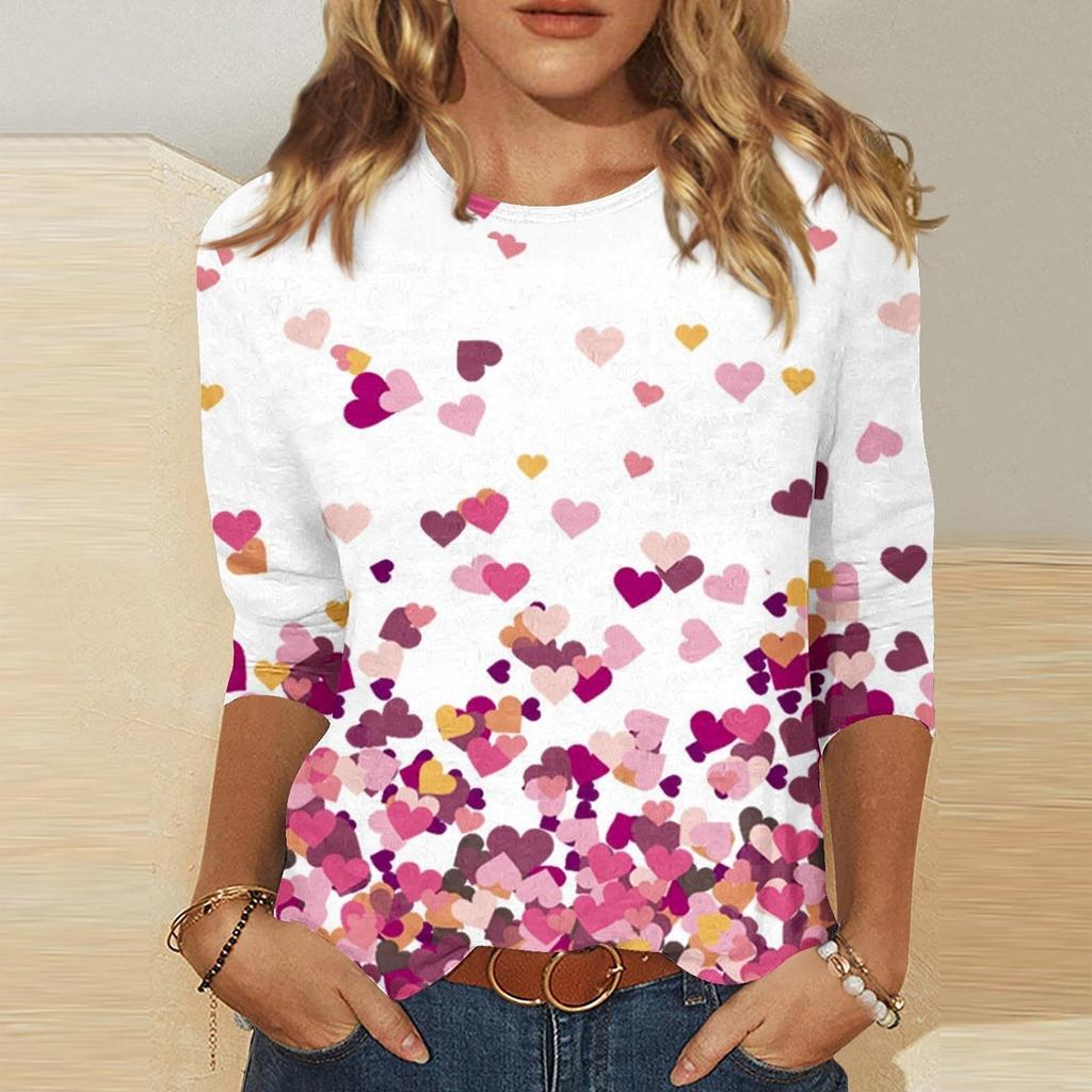 Women's Fashion Casual Round Neck 3/4 Sleeve Loose Printed T-Shirt Ladies Top