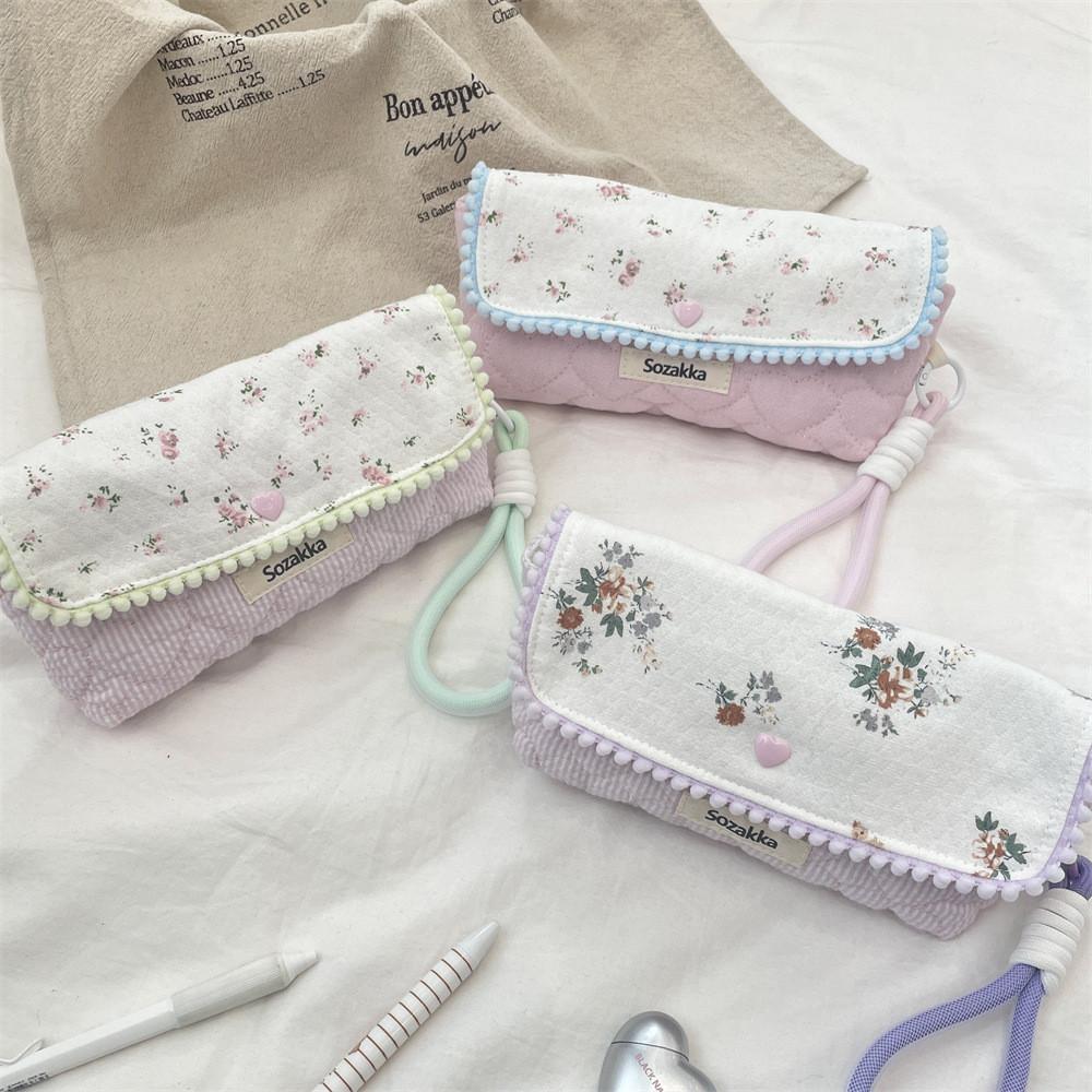 Korean Floral Pen Case With Polyester Material Large Capacity Student Stationery Organizer For Girls