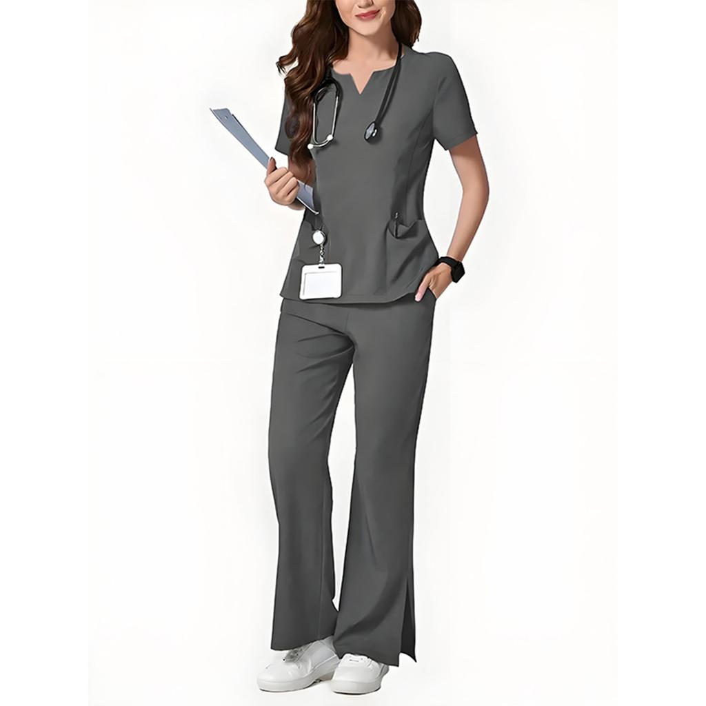 Ladies' Loose And Comfortable V,neck Short Sleeved Workwear With Multiple Pockets Suit Set